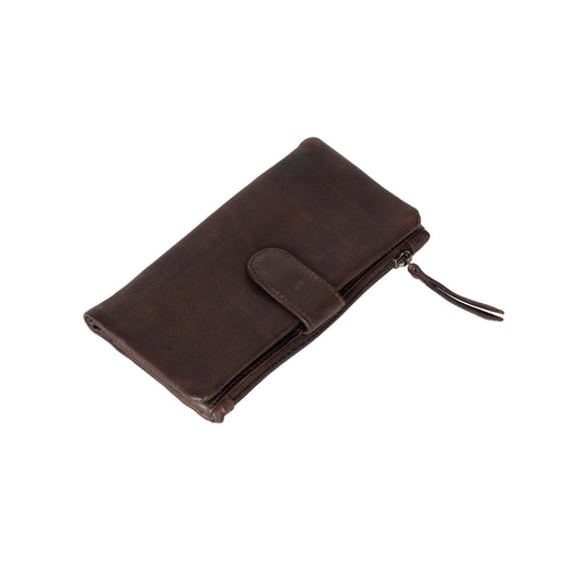 A dark brown leather zip-around wallet with a tab closure and a leather pull tab, shown on a plain white background.