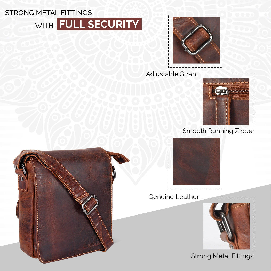 Brown leather bag with features highlighted on a light gray background