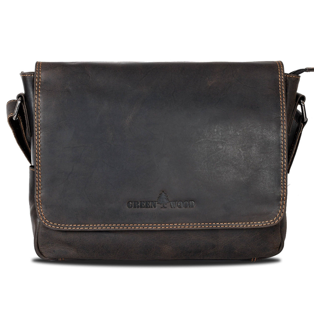 Brown leather messenger bag with visible brand logo on a white background