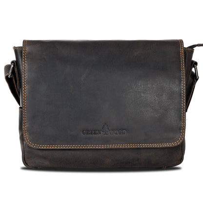 Brown leather messenger bag with visible brand logo on a white background