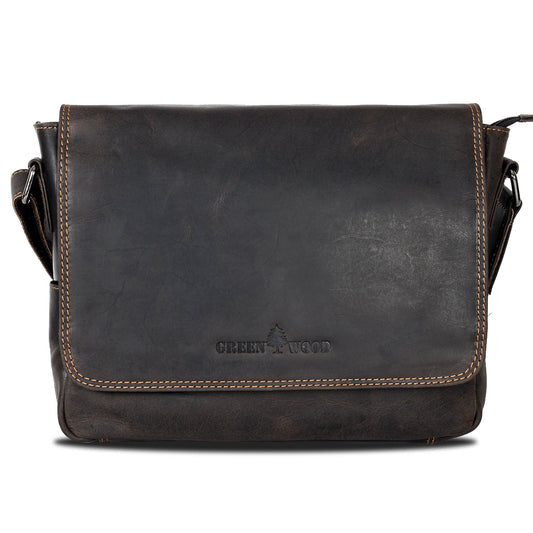 Brown leather messenger bag with visible brand logo on a white background