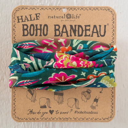 Boho bandeau with colorful floral pattern on a cardboard packaging