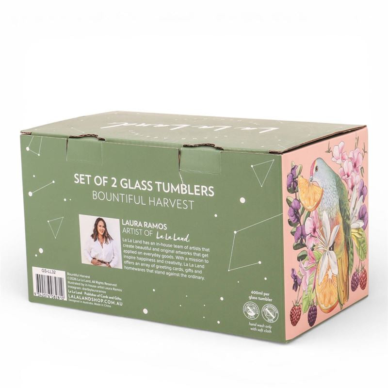 Box packaging for a set of 2 glass tumblers with artistic design on a white background