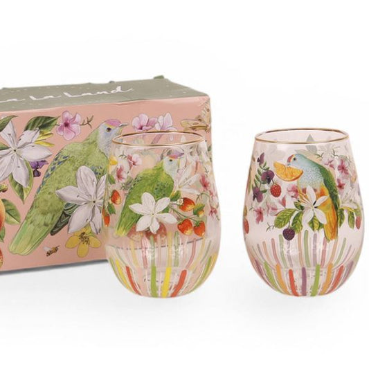 Two floral-patterned tumblers with a matching box on a white background