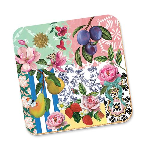 A square decorative coaster with rounded corners featuring a vibrant, multicolor botanical and floral print. The design includes pink roses, blue plums, strawberries, pears, and a mix of traditional Chinese porcelain and Moroccan tile patterns on a white background.