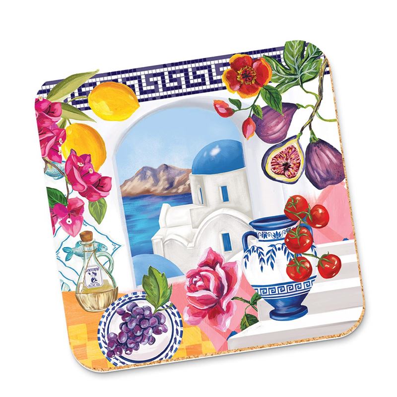 A square decorative coaster with rounded corners featuring a colorful Mediterranean-themed illustration. The design includes a white domed building by the sea, blue and white flowers, pink roses, red tomatoes, purple figs, yellow lemons, and a blue-and-white patterned vase and border.