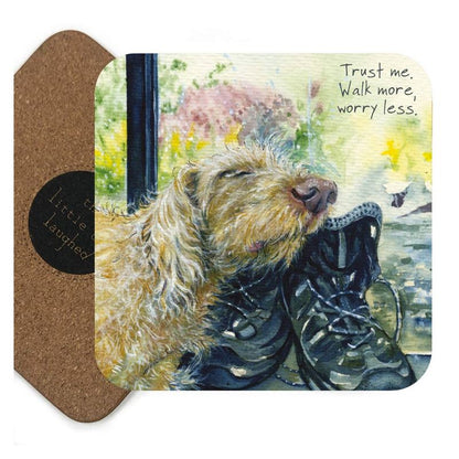 Card with a dog illustration and text 'Trust me. Walk more, worry less.'