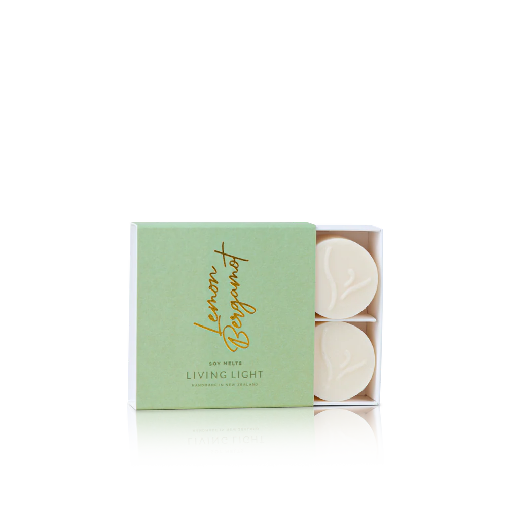 Box of soap melts with 'Lemon Bergamot' scent on a white background