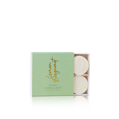 Box of soap melts with 'Lemon Bergamot' scent on a white background