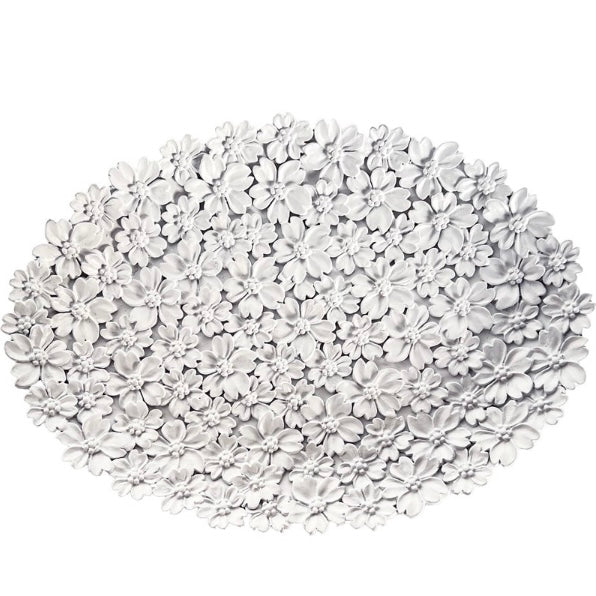 White floral-patterned doormat on a white background