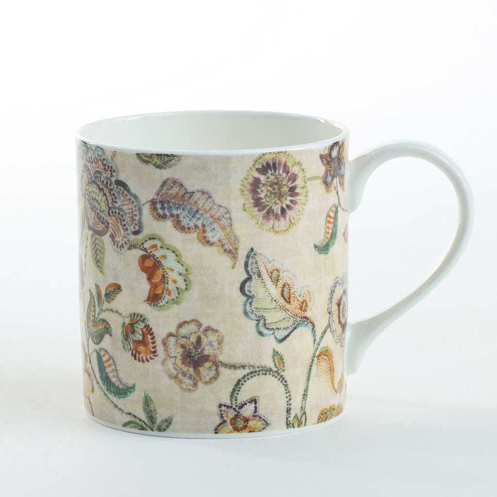 A white ceramic mug with a beige floral and botanical pattern, featuring a white handle and interior, set against a plain white background.