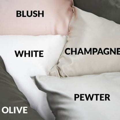 Pillows in different color options labeled 'Blush', 'White', 'Champagne', 'Pewter', and 'Olive' on a neutral background.