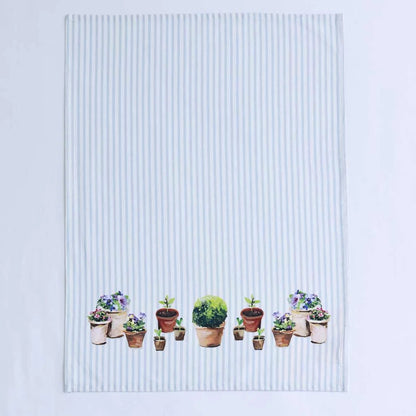 A rectangular white tea towel with thin vertical light blue stripes and a row of illustrated potted plants along the bottom edge, displayed flat against a white background.