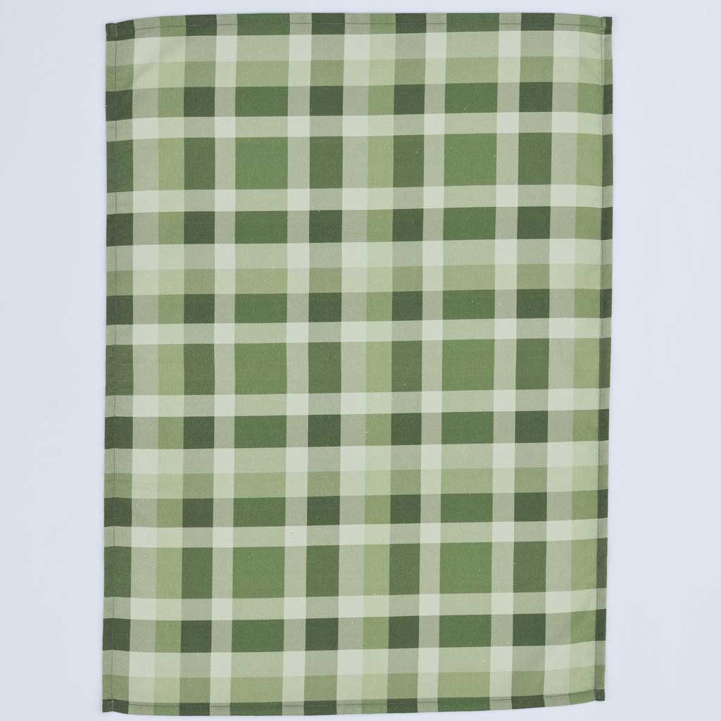 A rectangular fabric item, likely a tea towel or handkerchief, featuring a green and white gingham plaid pattern, shown flat against a light gray background.