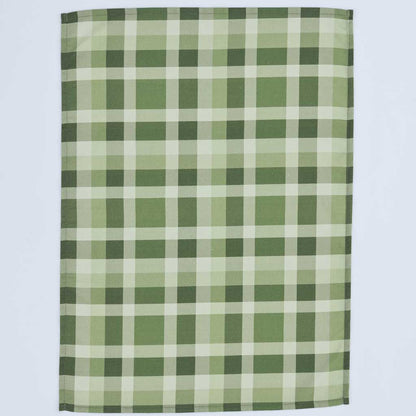 A rectangular fabric item, likely a tea towel or handkerchief, featuring a green and white gingham plaid pattern, shown flat against a light gray background.