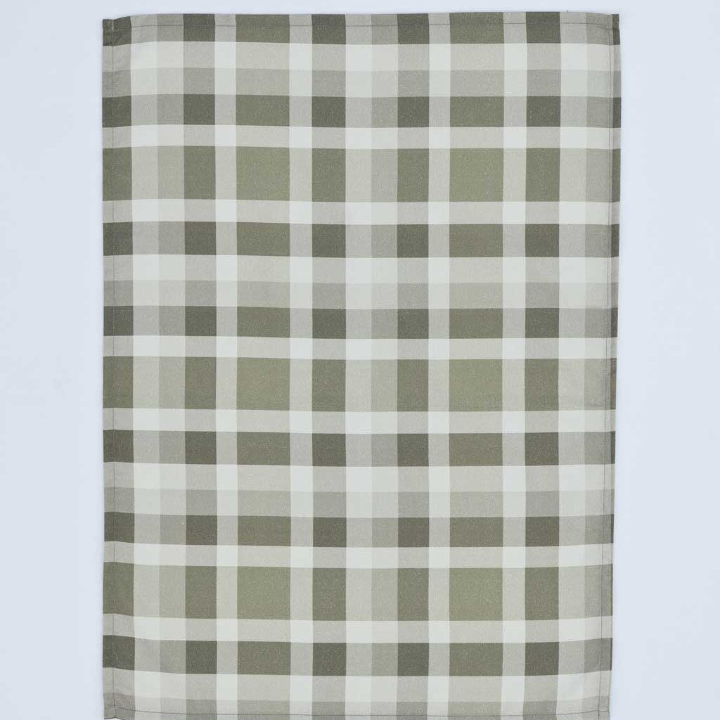 A rectangular fabric item, likely a tea towel or handkerchief, featuring a classic gingham plaid pattern in muted olive green, beige, and white, shown flat against a light gray background.