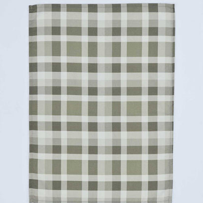 A rectangular fabric item, likely a tea towel or handkerchief, featuring a classic gingham plaid pattern in muted olive green, beige, and white, shown flat against a light gray background.