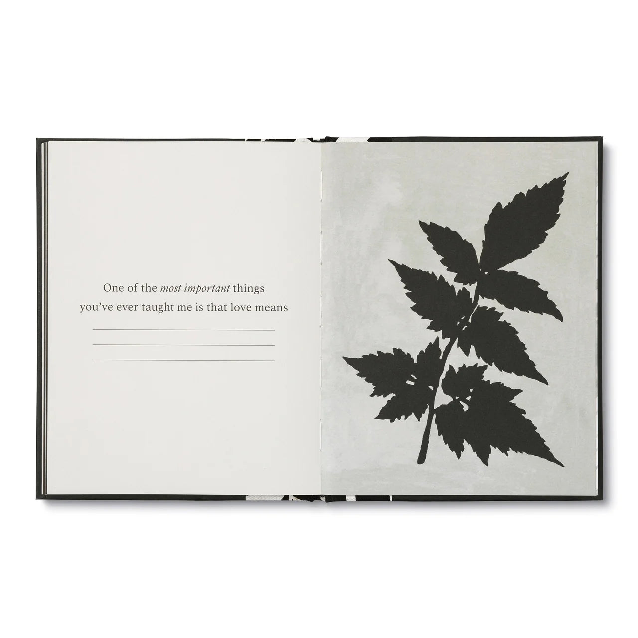 An open book or journal spread on a white background. The left page has a quote in black text with blank lines underneath, and the right page shows a large black botanical leaf silhouette on a light gray textured background.