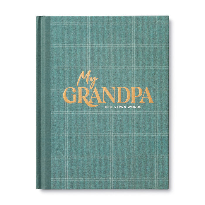 A hardcover book with a teal-green plaid cover and gold foil lettering that reads 'My GRANDPA IN HIS OWN WORDS', shown on a plain white background.