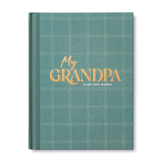 A hardcover book with a teal-green plaid cover and gold foil lettering that reads 'My GRANDPA IN HIS OWN WORDS', shown on a plain white background.