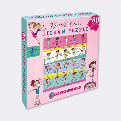 Jigsaw puzzle box with ballet-themed illustrations on a white background