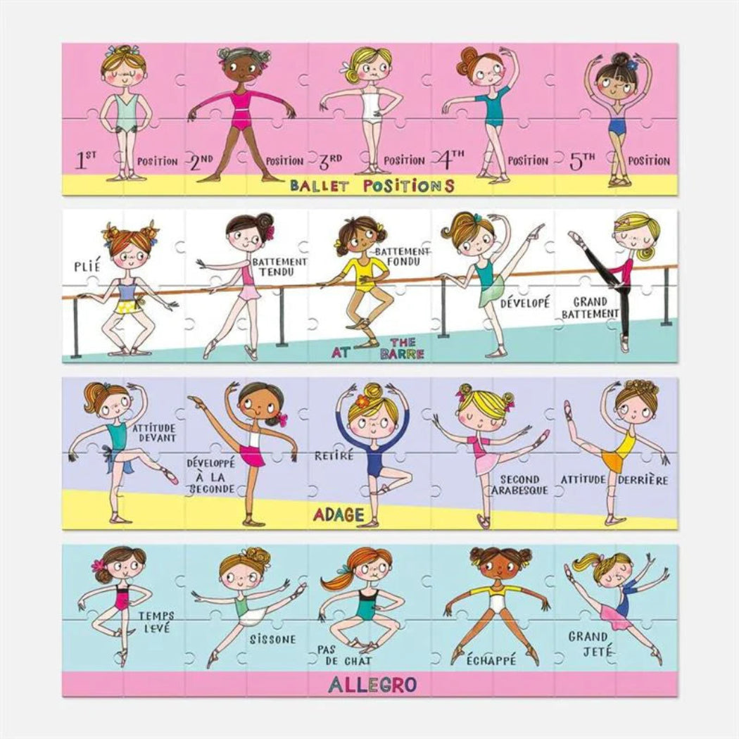 Educational puzzle with illustrations of ballet positions for children, featuring a pink border.