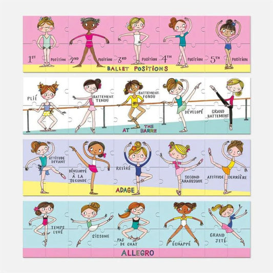 Educational puzzle with illustrations of ballet positions for children, featuring a pink border.