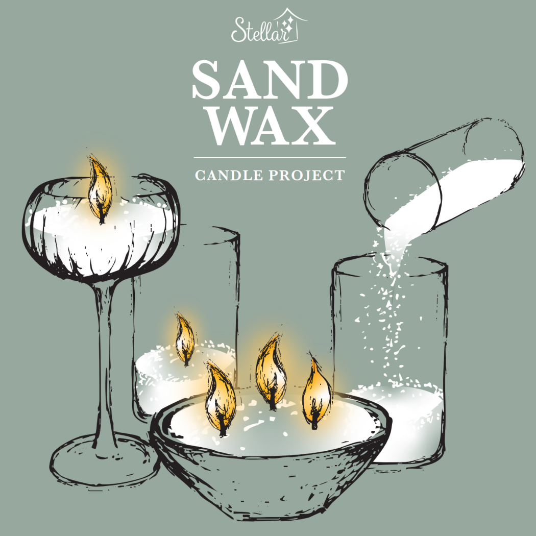 Illustration of candles being made with sand wax, featuring the Stellar brand.