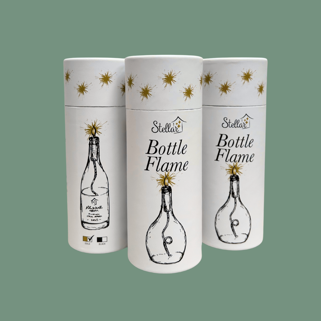 Three cylindrical packaging tubes for 'Bottle Flame' products with illustrations and text on a green background.