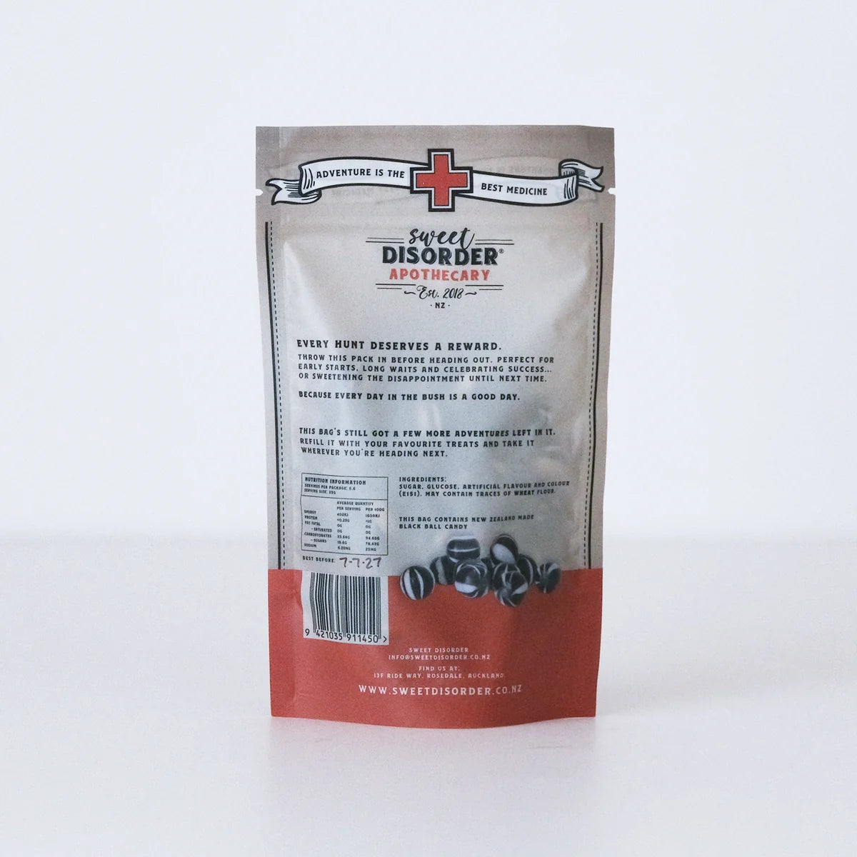 Sweet Disorder Apothecary coffee pouch packaging, showing the back of the bag with branding, product description, nutritional information, and illustrations of coffee beans on a white background.