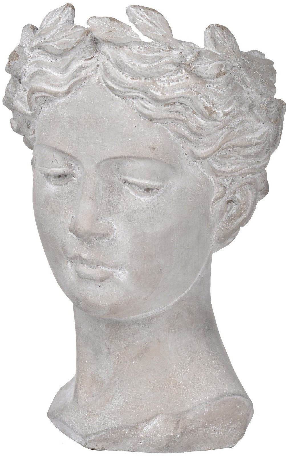 White marble bust of a classical woman with a laurel wreath on a white background