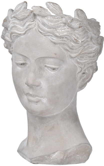 White marble bust of a classical woman with a laurel wreath on a white background