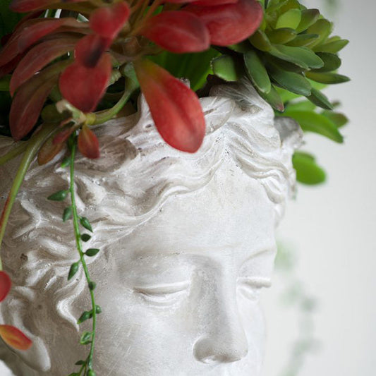 Statue head with plants and flowers in its hair against a white background