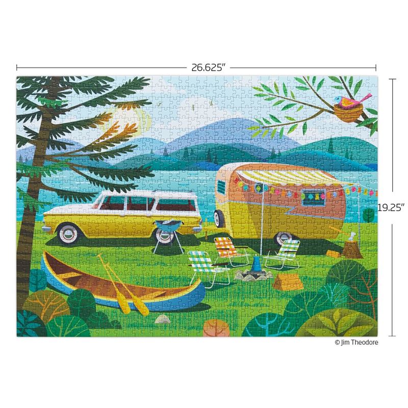 Illustration of a camping scene with a camper, car, and canoe, featuring Jim Theodore's artwork.
