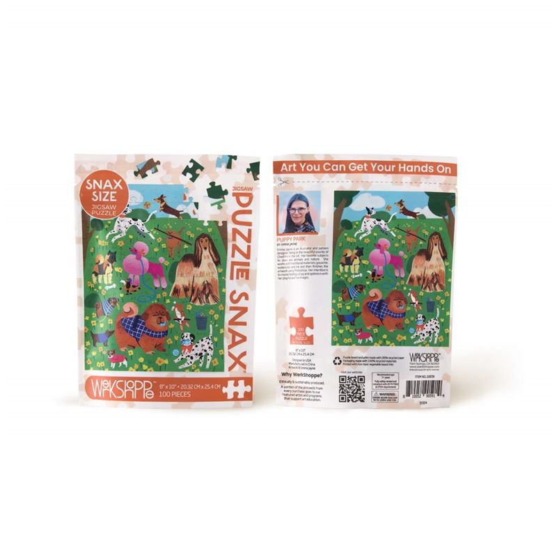 A 15-piece jigsaw puzzle by Wacky Wacky, featuring a colorful outdoor scene with dogs in a field. The image shows both the front and back packaging of the puzzle against a plain white background.
