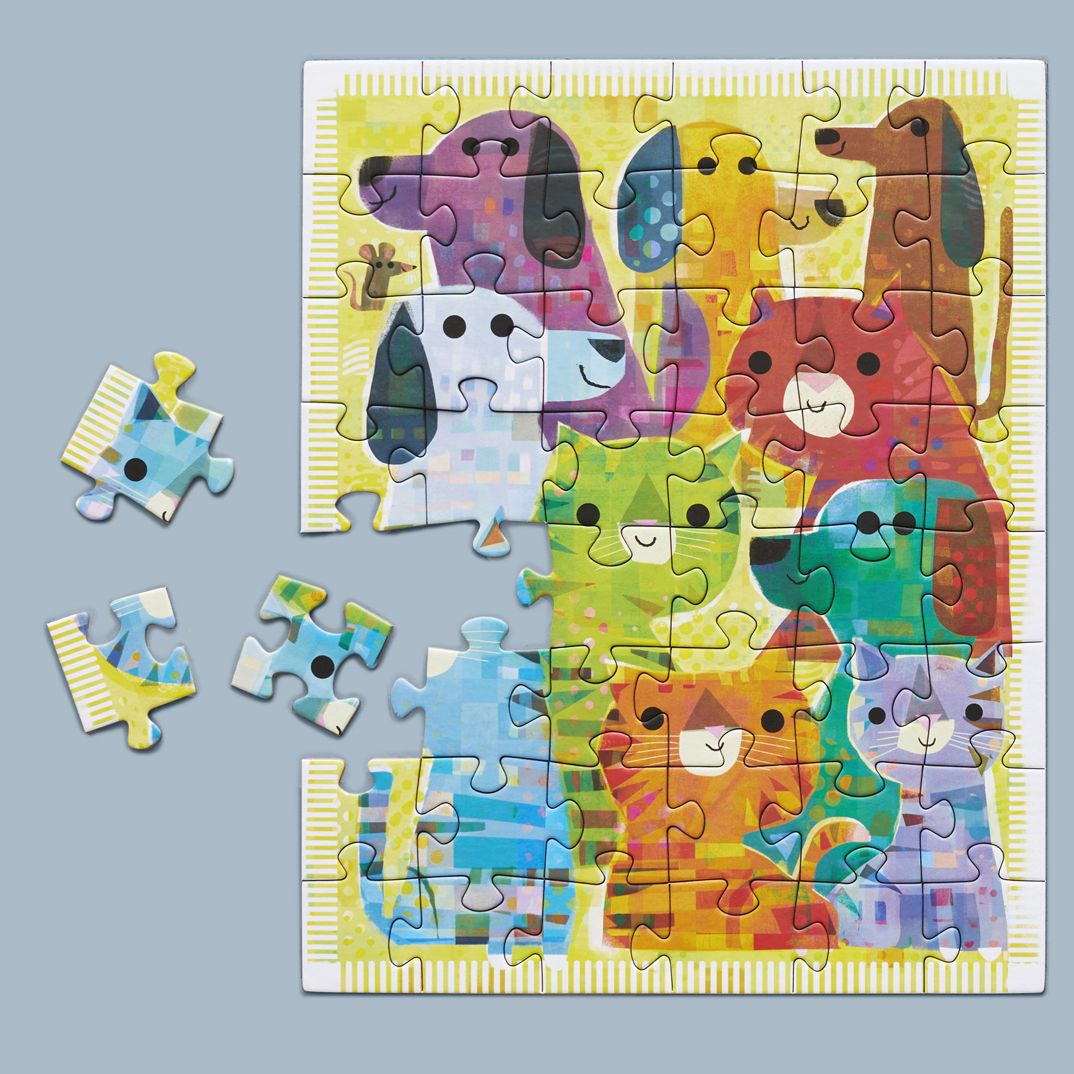 Colorful animal-themed puzzle on a light blue background