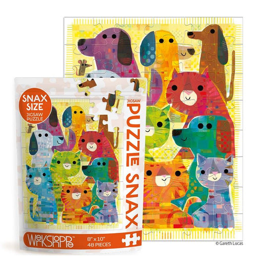 Colorful puzzle packaging with cartoon dogs and cats on a white background