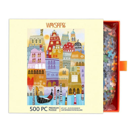 A 500-piece jigsaw puzzle box by Wapsrip featuring a colorful illustration of Venice, with the box partially open to reveal multicolored puzzle pieces inside.
