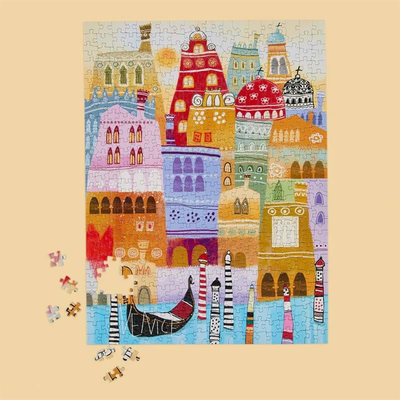 Colorful puzzle with architectural design on a beige background