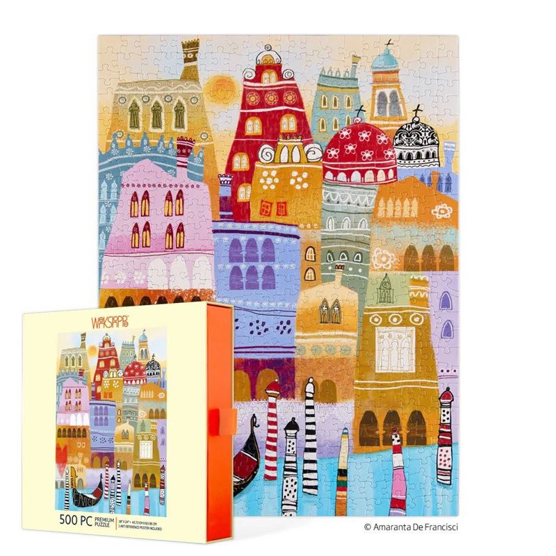 Colorful puzzle box with cityscape design on a white background