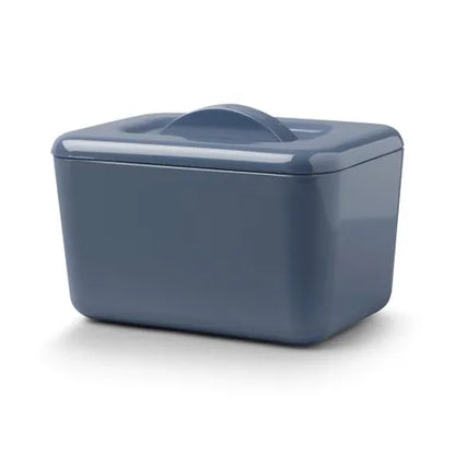 A rectangular blue plastic storage container with a matching lid and top handle, shown on a clean white background.