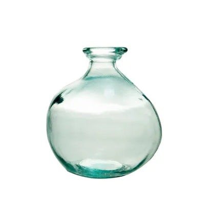 A small round glass vase with a short neck, made of transparent light aqua glass, isolated on a white background.